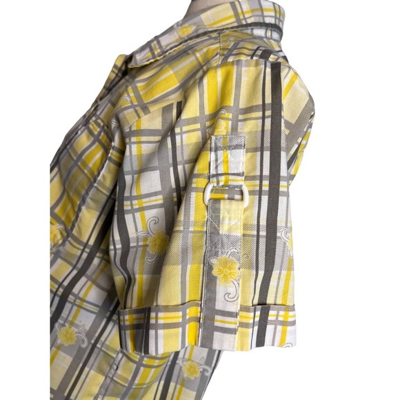 Adrian Delafield blouse L/XL Yellow gray plaid flowers short sleeve pocket colla - Picture 6 of 15